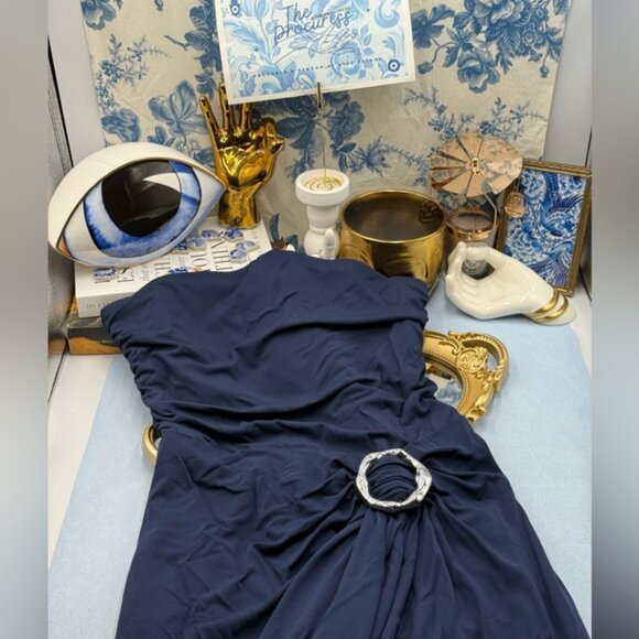 🆕 SIMKHAI 🧿 NWOT Emma Draped Jersey Bustier Midi Dress, Midnight Blue Sz US 4 - Picture 12 of 16